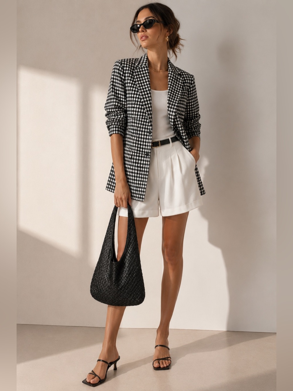 CIRCOLO 1901 Black White Check Blazer Italian Knit Jacket Gingham Stretch Tailor